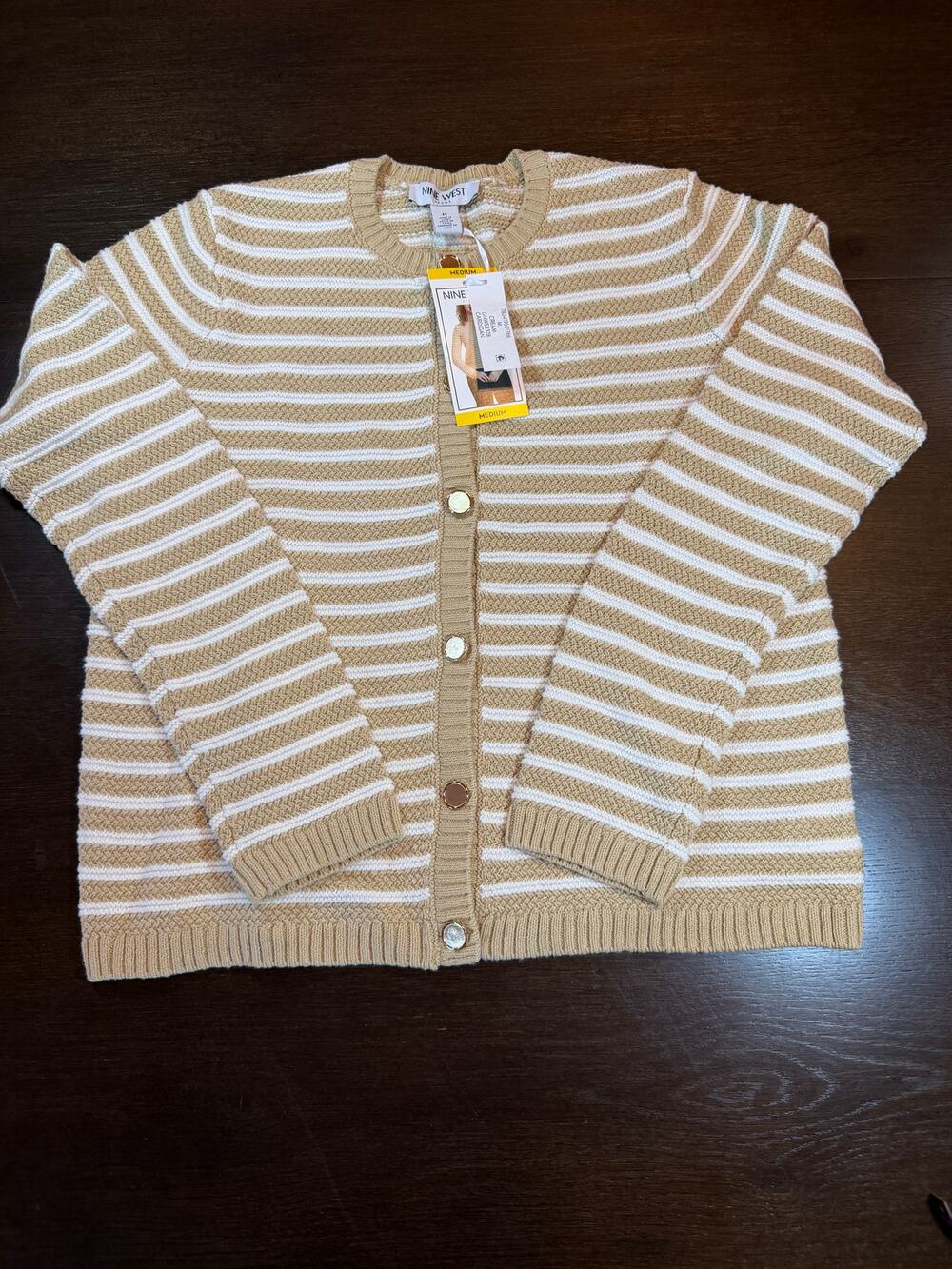 NWT Nine West Striped Cardigan M Cream Beige Gold Button Knit Sweater